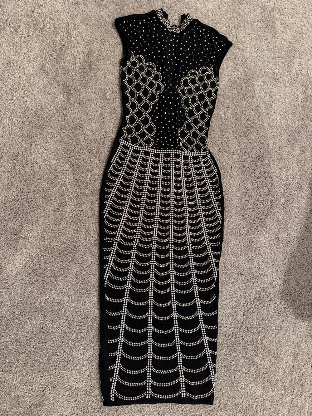 Black Embellished Bodycon Midi Dress with Silver Stud Detail
